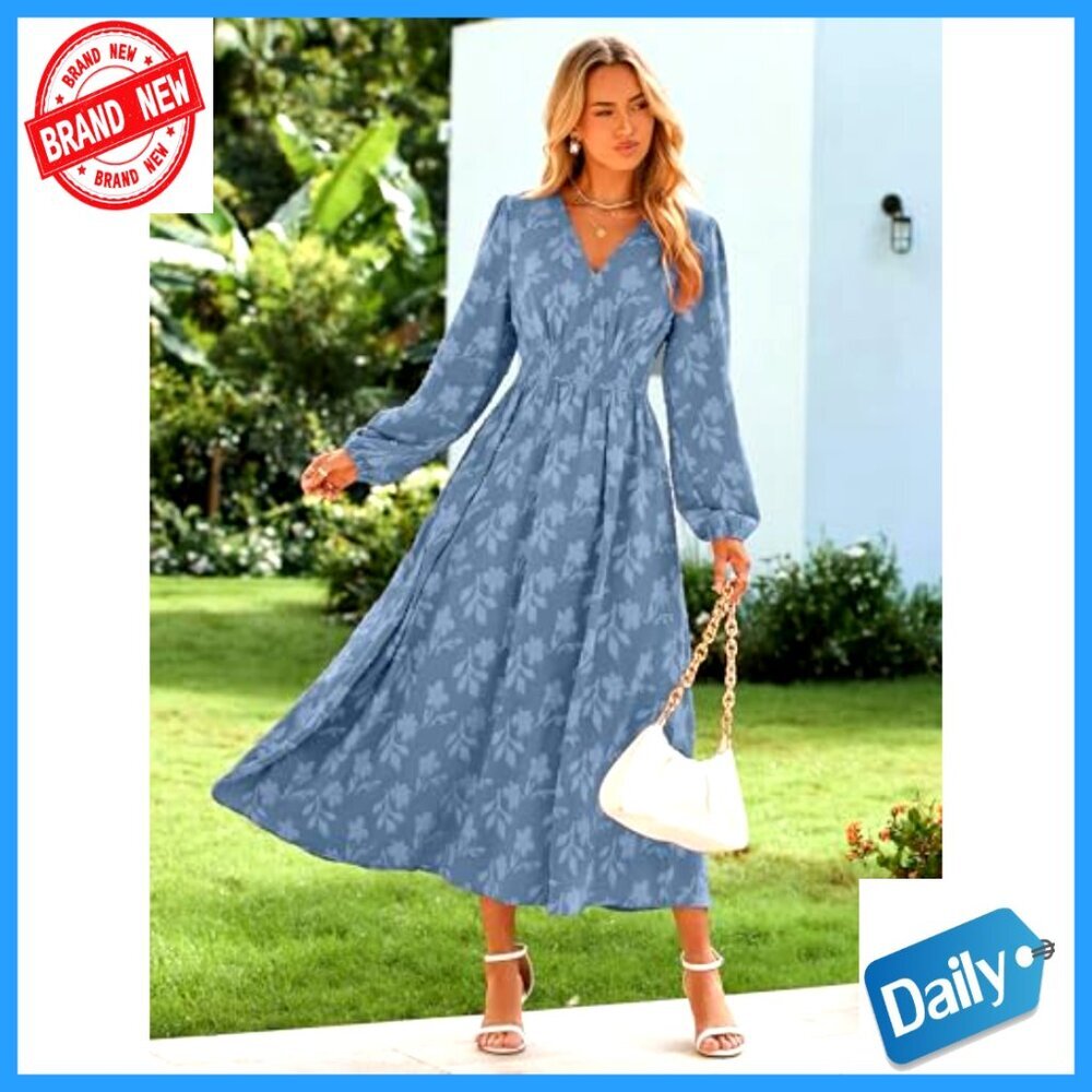 Long Sleeve Maxi Dress V Neck Empire Waist Floral Boho Wedding Guest - Picture 2 of 6